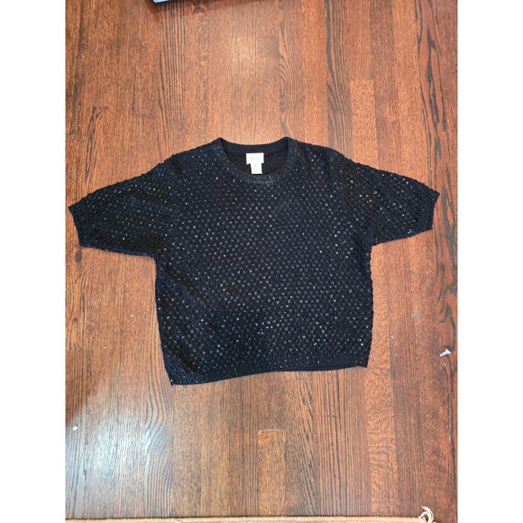 Neiman Marcus Black Sequin Open Knit Short Sleeve Crew Neck Sweater Top - Picture 1 of 3